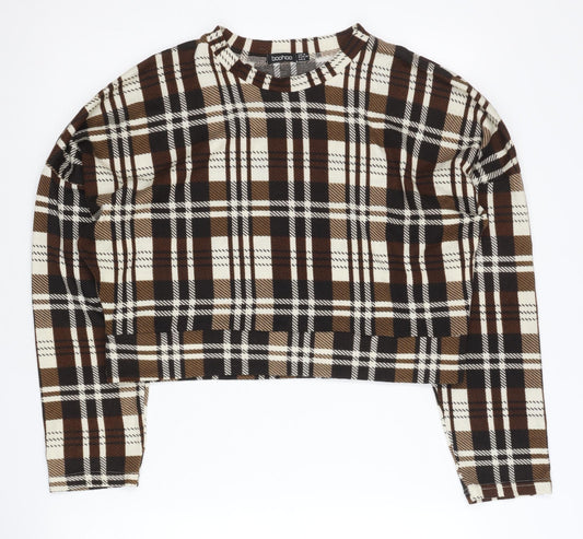 Boohoo Women’s Brown Plaid Crew Neck Pullover Jumper UK 8