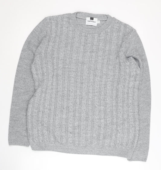 Topman Men's Grey Cable Knit Acrylic Jumper Size M Crew Neck Pullover