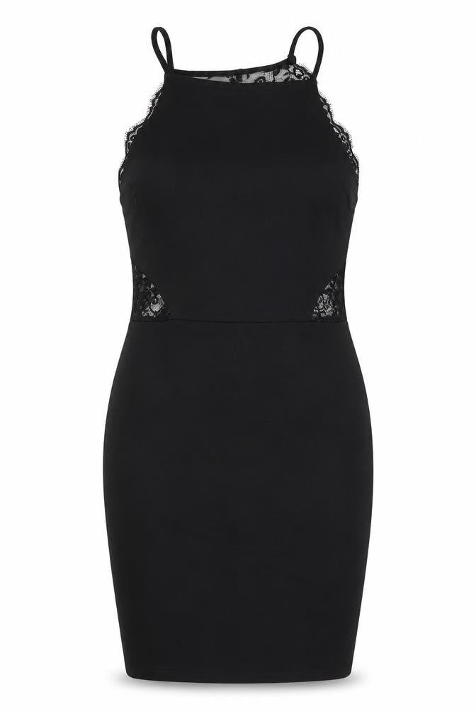 Front view of Miss Selfridge women’s black lace bodycon halter party dress uk 12