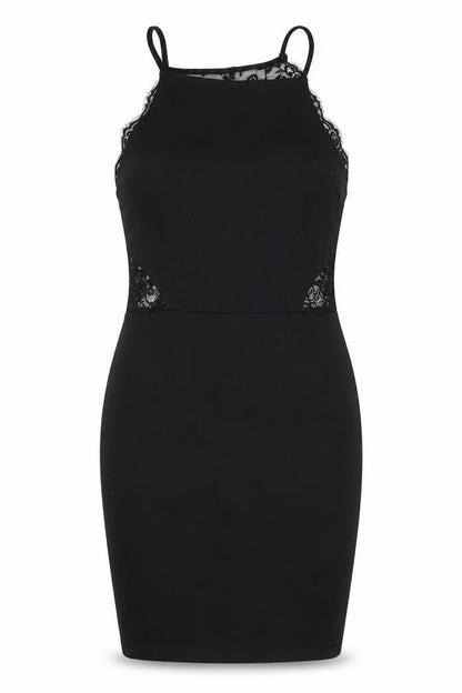 Front view of Miss Selfridge women’s black lace bodycon halter party dress uk 12