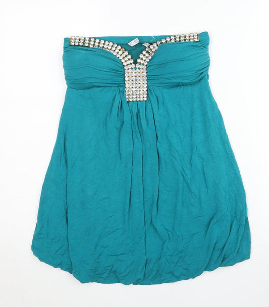 New Look Womens Green Strapless Beaded Tunic Blouse UK 8 Party Top