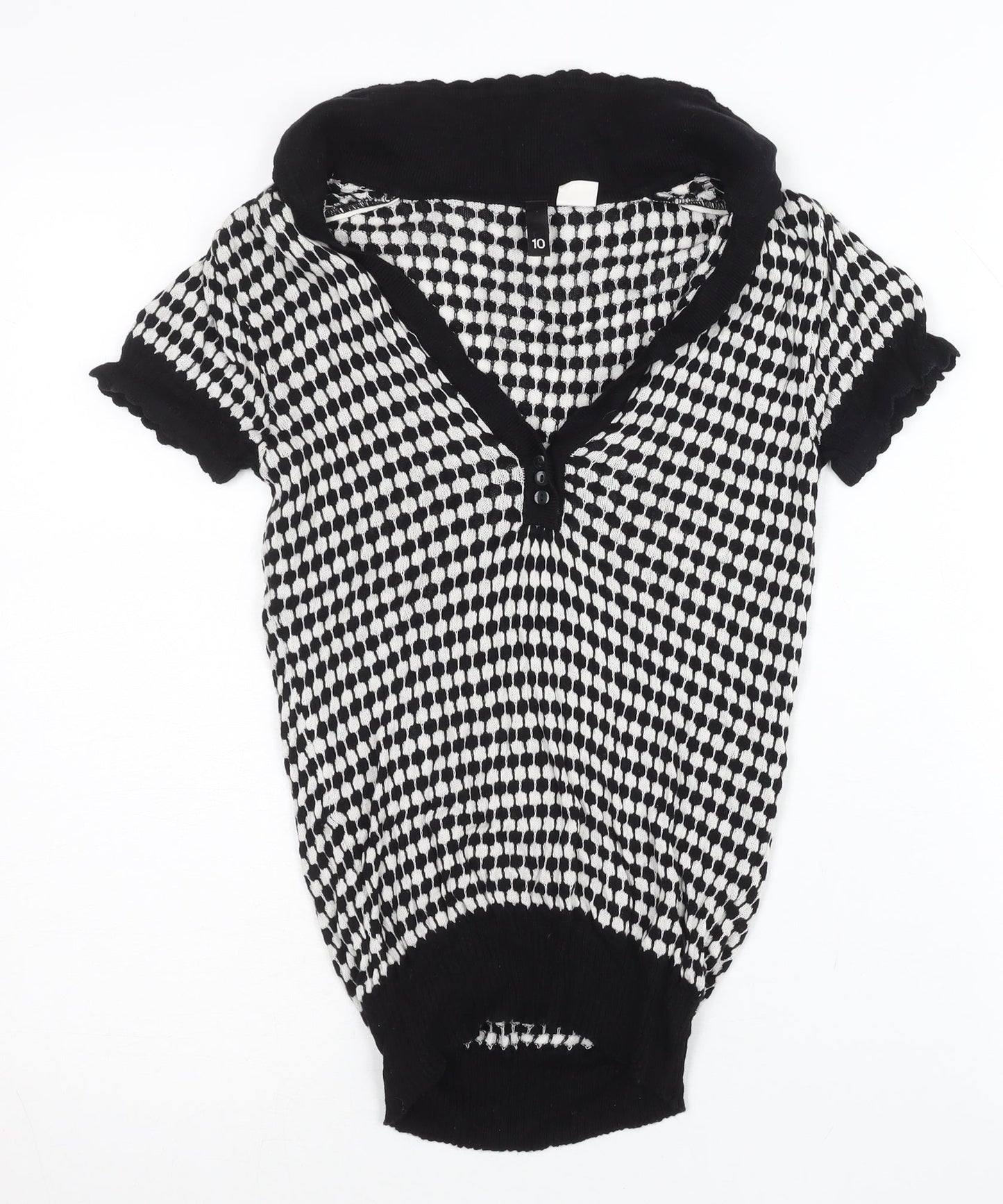 H&M Women Black & White Size 10 V-Neck Henley Knit Jumper