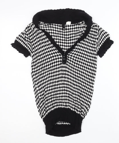 H&M Women Black & White Size 10 V-Neck Henley Knit Jumper