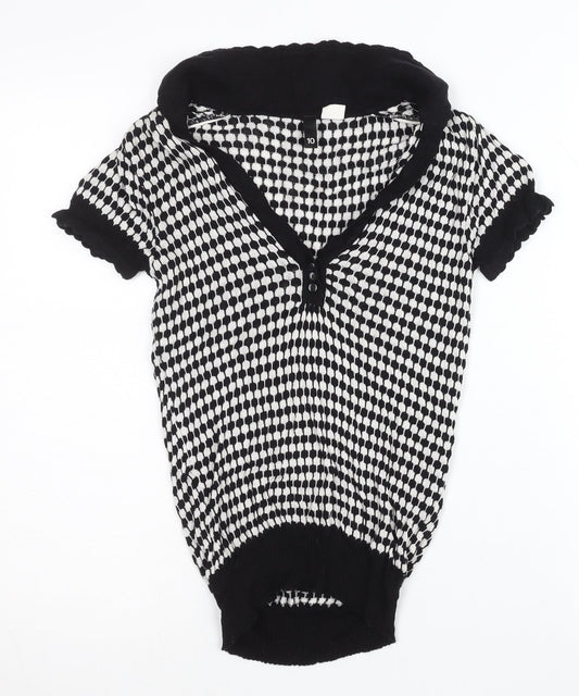 H&M Women Black & White Size 10 V-Neck Henley Knit Jumper