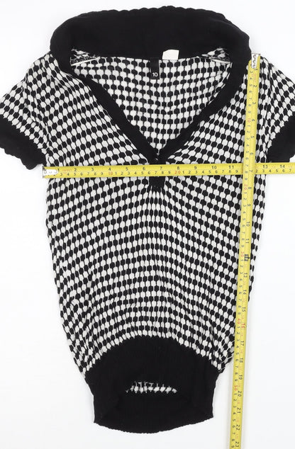 H&M Women Black & White Size 10 V-Neck Henley Knit Jumper