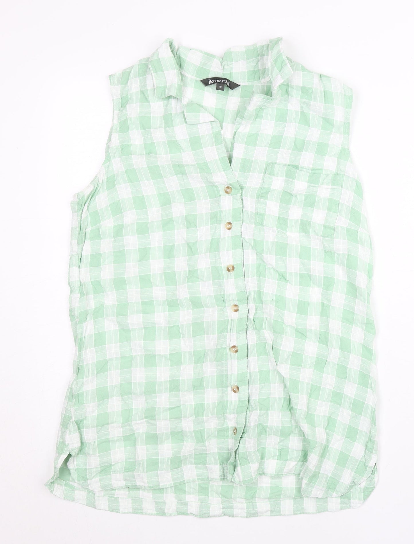 Bonmarché Women’s Green Check Sleeveless Button-Up Shirt Size 12