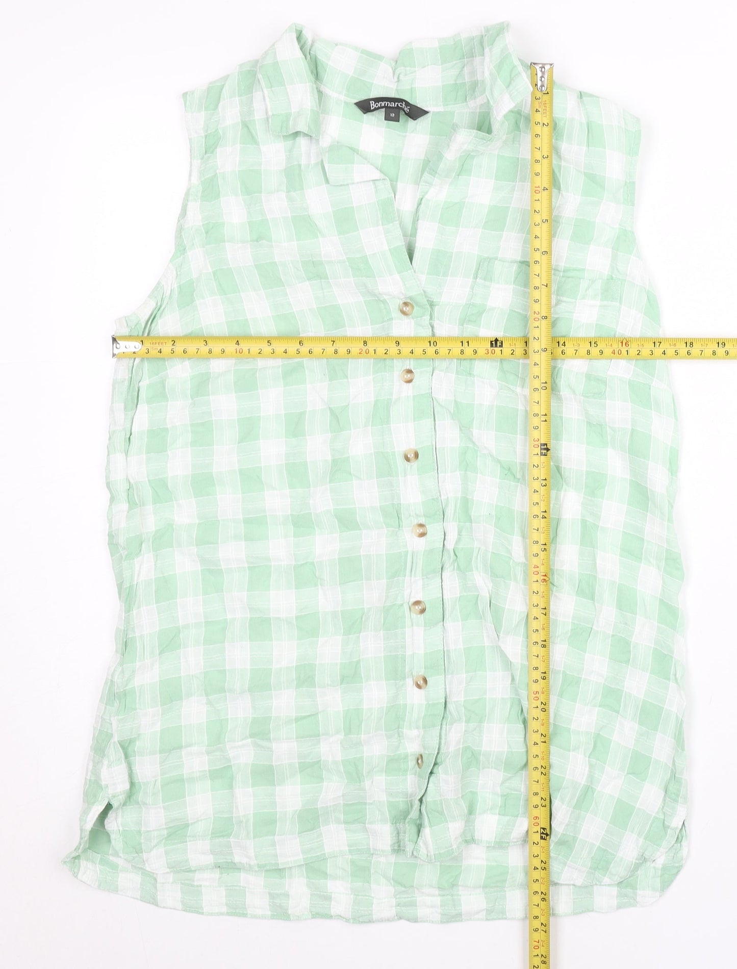 Bonmarché Women’s Green Check Sleeveless Button-Up Shirt Size 12