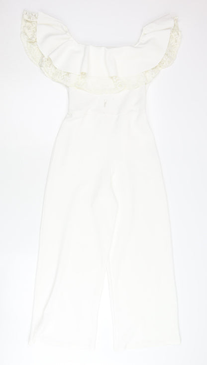 River Island Girls White Lace Ruffle Off Shoulder Jumpsuit 9-10Y Party Wear