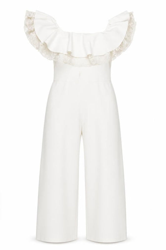River Island Girls White Lace Ruffle Off Shoulder Jumpsuit 9-10Y Party Wear