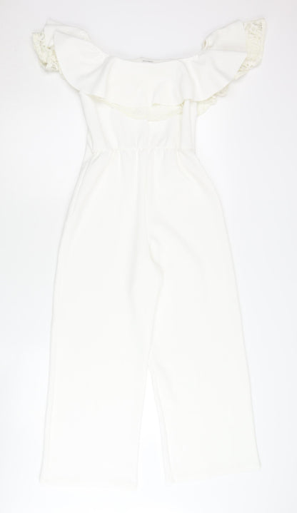 River Island Girls White Lace Ruffle Off Shoulder Jumpsuit 9-10Y Party Wear