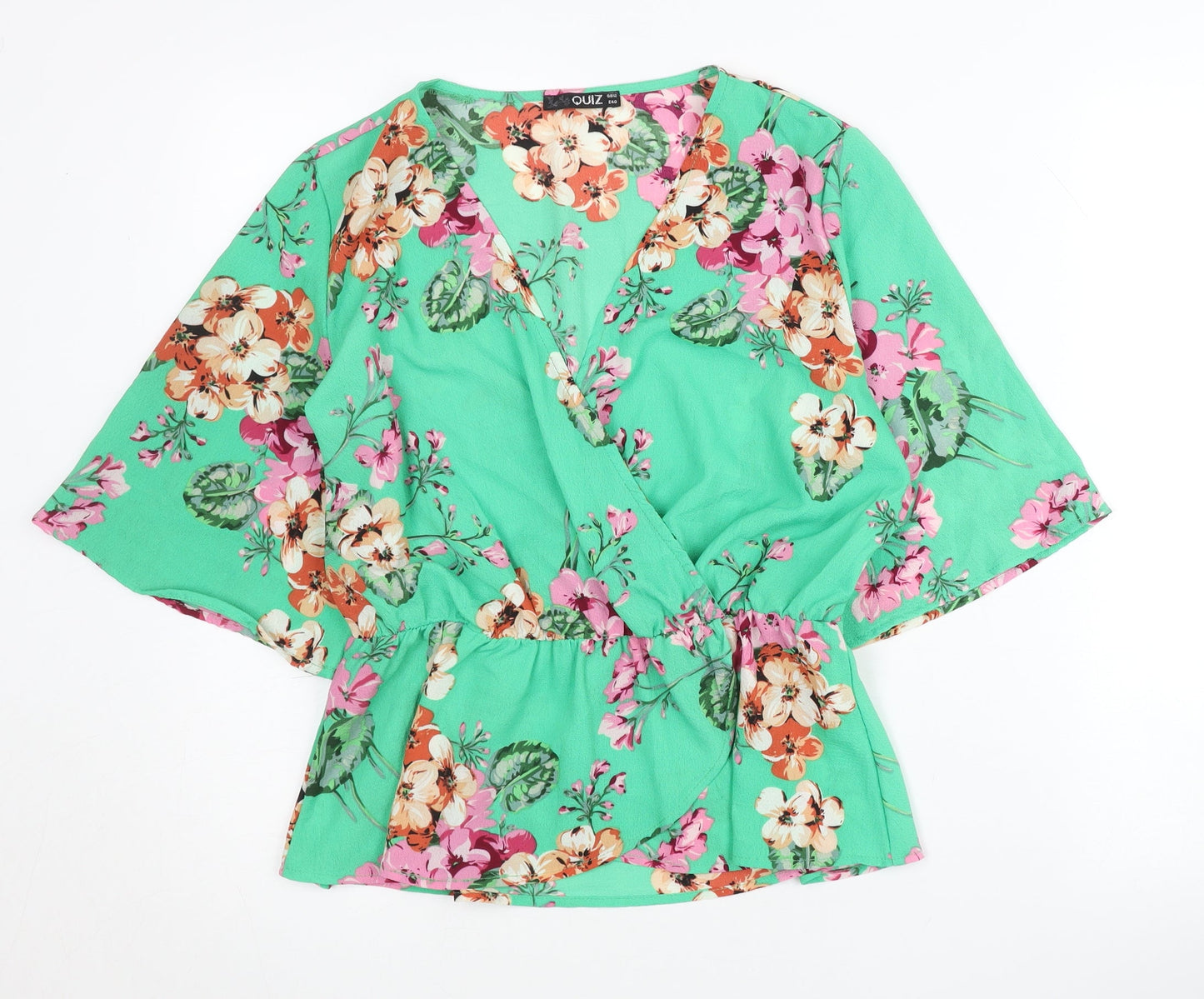 Quiz Womens Green Floral Wrap Blouse Size 12 Kimono Sleeve V-Neck