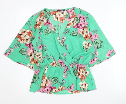 Quiz Womens Green Floral Wrap Blouse Size 12 Kimono Sleeve V-Neck