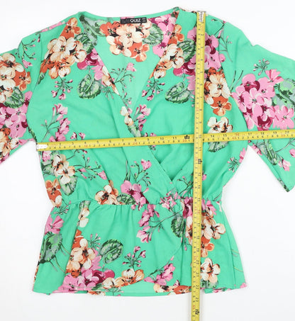 Quiz Womens Green Floral Wrap Blouse Size 12 Kimono Sleeve V-Neck