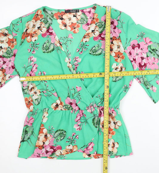 Quiz Womens Green Floral Wrap Blouse Size 12 Kimono Sleeve V-Neck