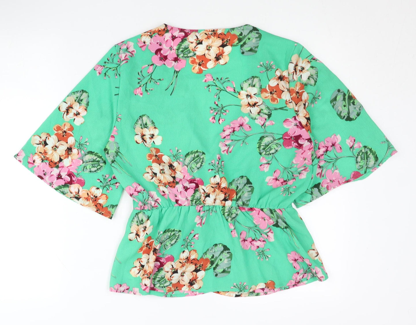 Quiz Womens Green Floral Wrap Blouse Size 12 Kimono Sleeve V-Neck