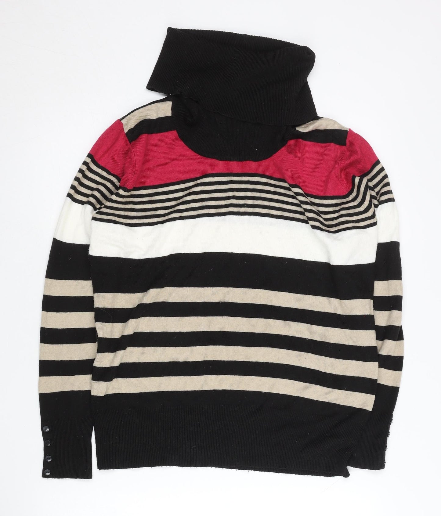 EWM Womens Black Beige Red Striped Roll Neck Jumper Size 14