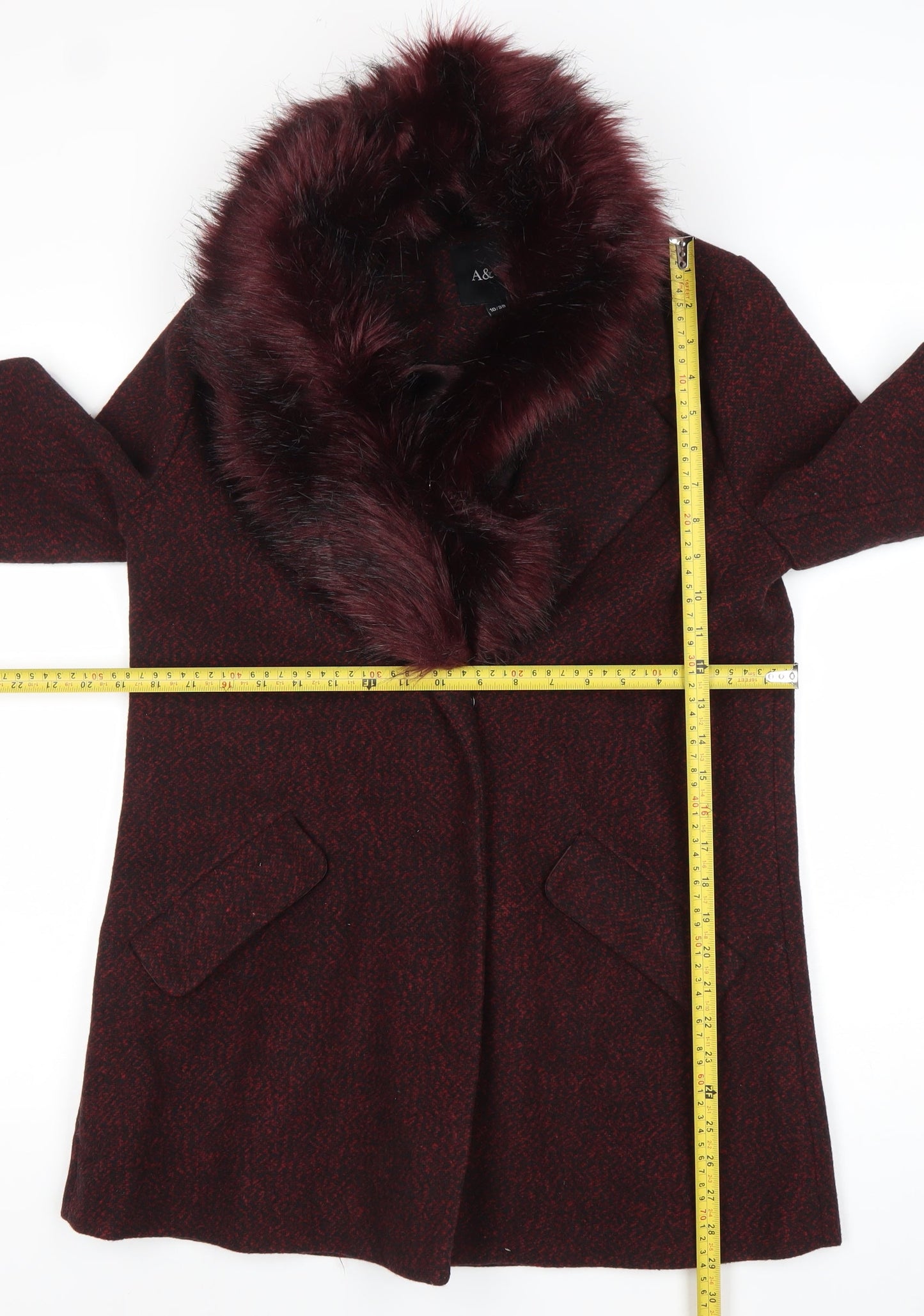 A&G Women’s Red Faux Fur Collar Mid-Length Overcoat Size 10
