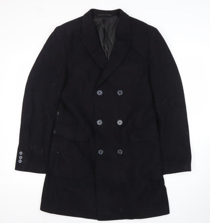TU Mens Black Wool Blend Pea Coat Size S Mid-Length Classic Style