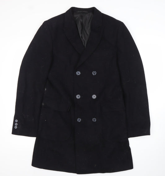 TU Mens Black Wool Blend Pea Coat Size S Mid-Length Classic Style