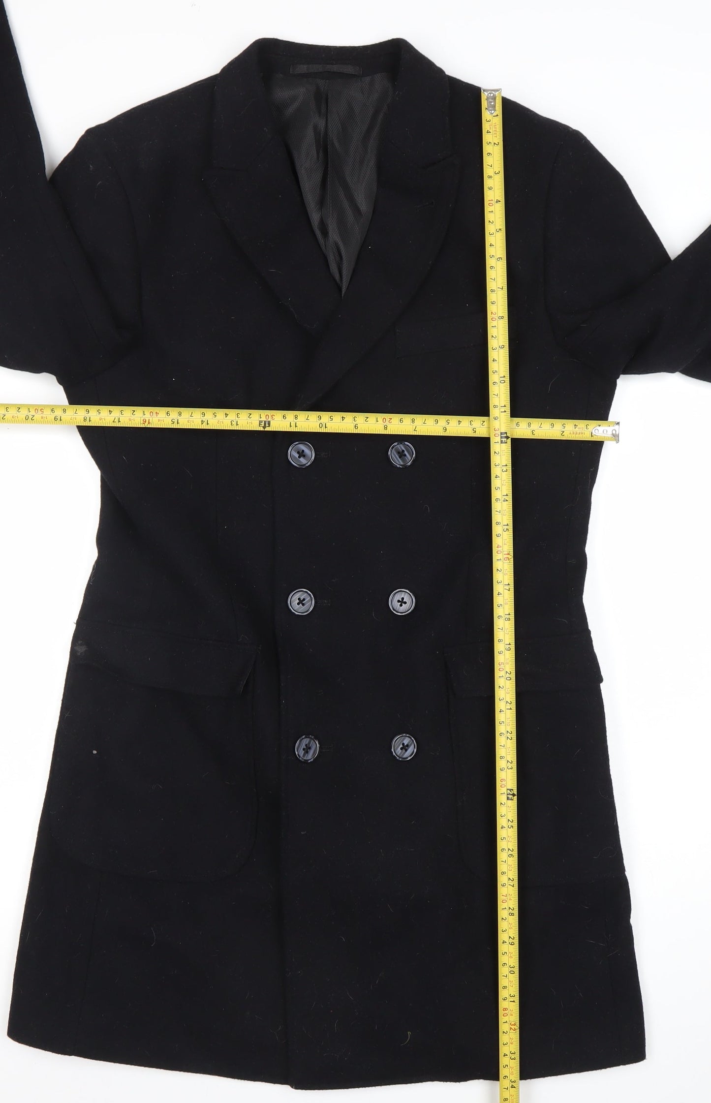 TU Mens Black Wool Blend Pea Coat Size S Mid-Length Classic Style