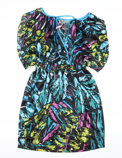 Lipsy Women’s Multicoloured Blouson Dress Size 10 V-Neck Puff Sleeve
