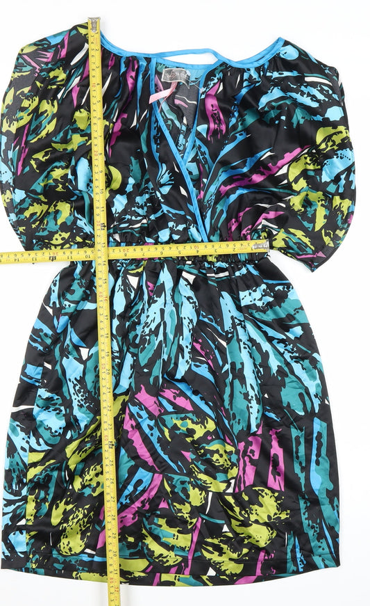 Lipsy Women’s Multicoloured Blouson Dress Size 10 V-Neck Puff Sleeve