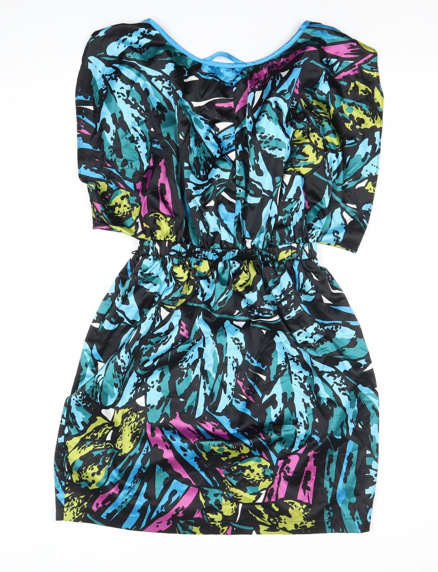 Lipsy Women’s Multicoloured Blouson Dress Size 10 V-Neck Puff Sleeve