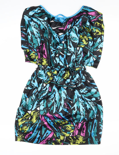 Lipsy Women’s Multicoloured Blouson Dress Size 10 V-Neck Puff Sleeve