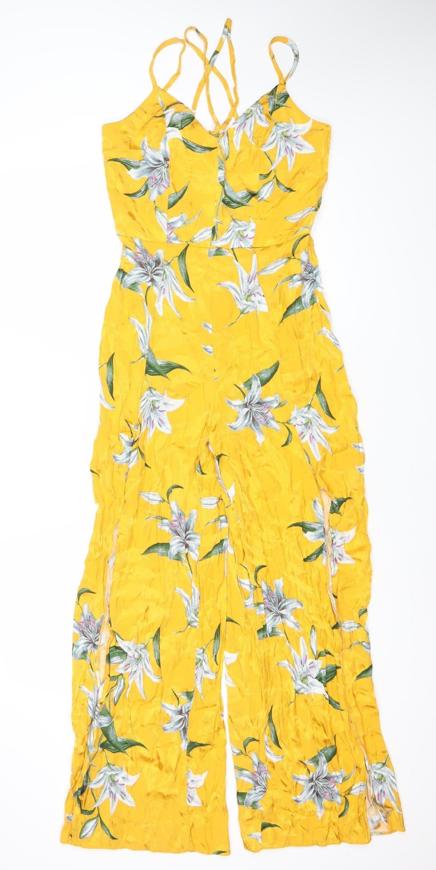 River Island Women’s Yellow Floral Wide-Leg Jumpsuit Size 8
