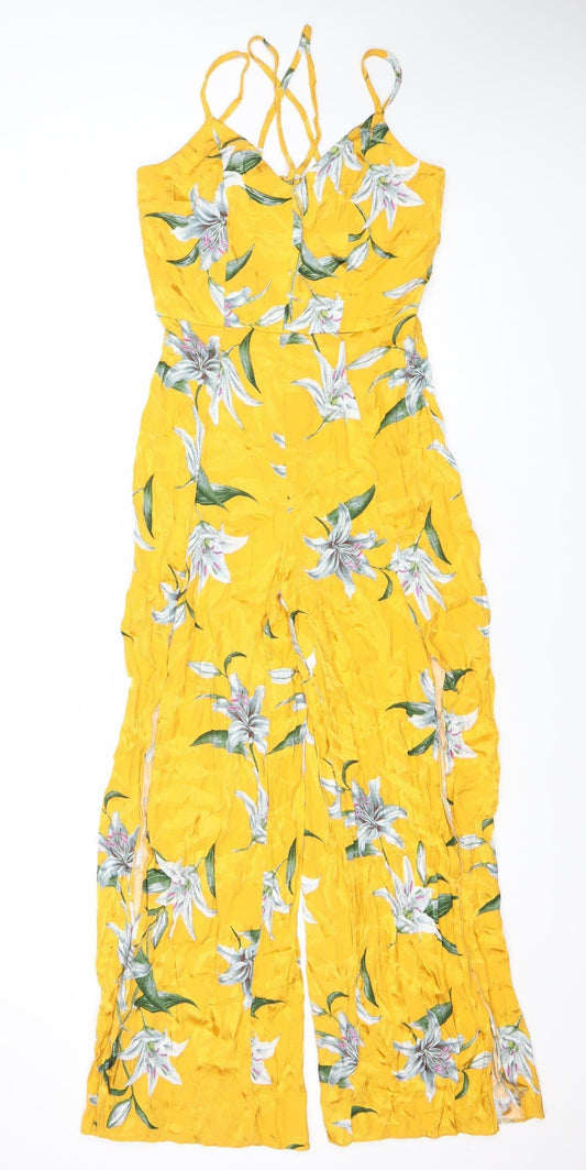 River Island Women’s Yellow Floral Wide-Leg Jumpsuit Size 8