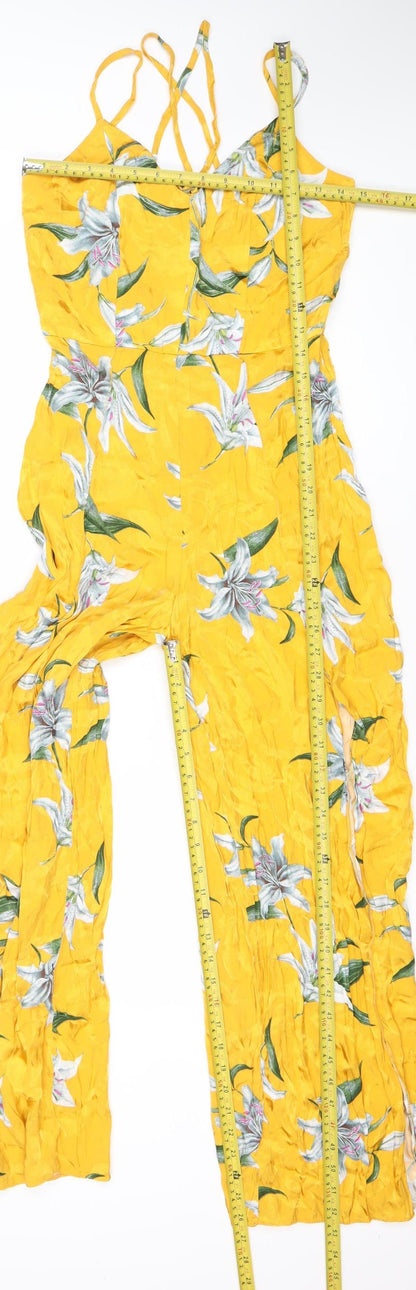 River Island Women’s Yellow Floral Wide-Leg Jumpsuit Size 8