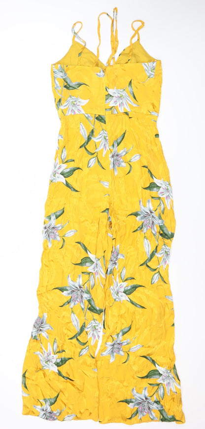 River Island Women’s Yellow Floral Wide-Leg Jumpsuit Size 8