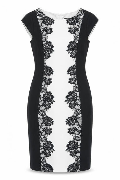 Front view of Papaya Women’s Black White Lace Sheath Dress, size UK 12, Knee Length
