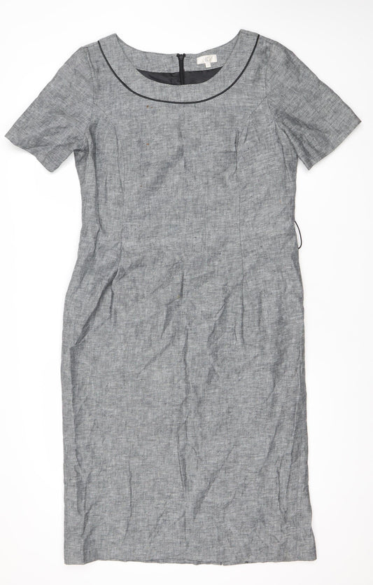 CC Women's Grey Linen Cotton Blend Knee Length Shift Dress Size 14