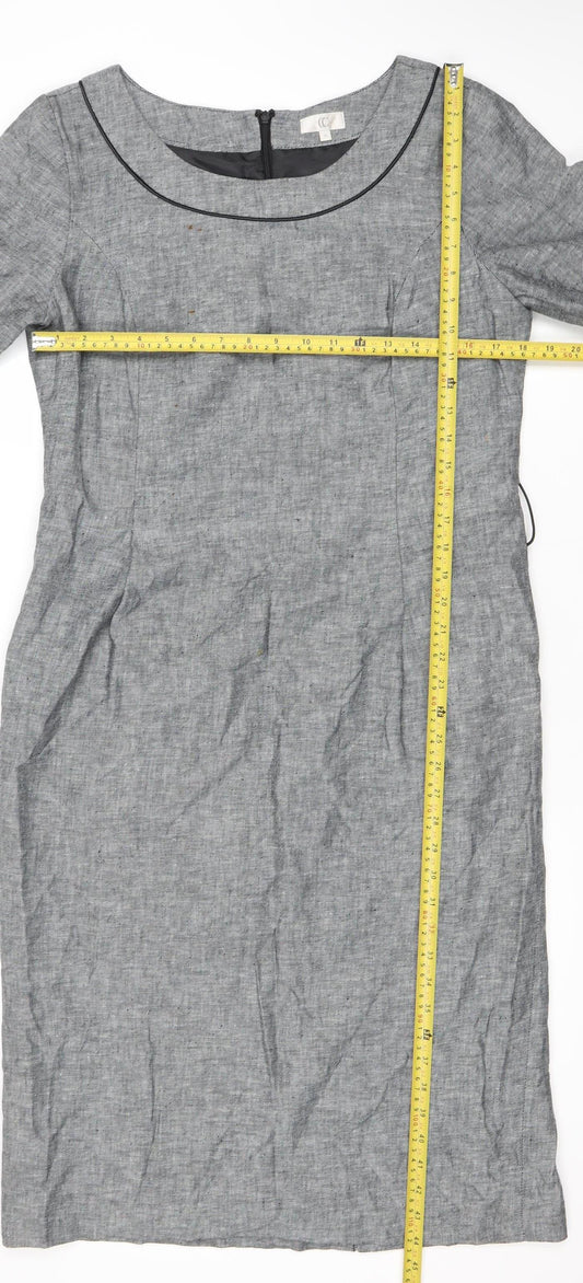 CC Women's Grey Linen Cotton Blend Knee Length Shift Dress Size 14