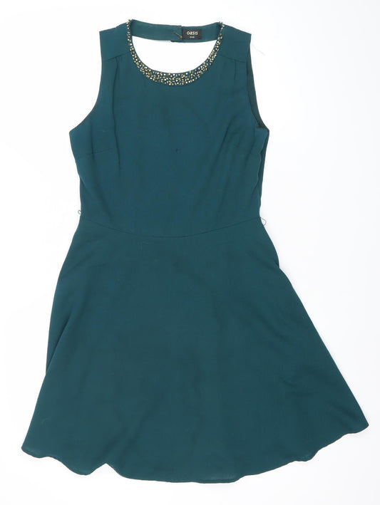 Oasis Women’s Green Skater Dress Size 10 Beaded Sleeveless