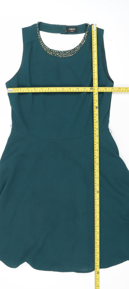 Oasis Women’s Green Skater Dress Size 10 Beaded Sleeveless