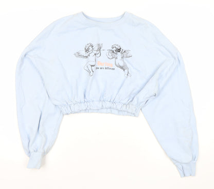 Bershka Womens Blue Crop Sweatshirt M Cupid Print Pullover