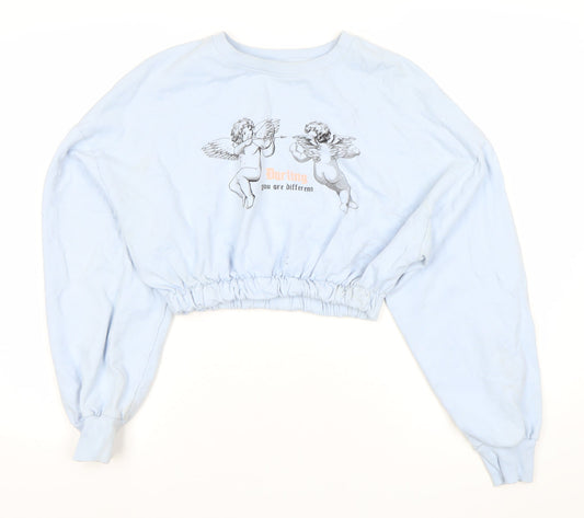 Bershka Womens Blue Crop Sweatshirt M Cupid Print Pullover