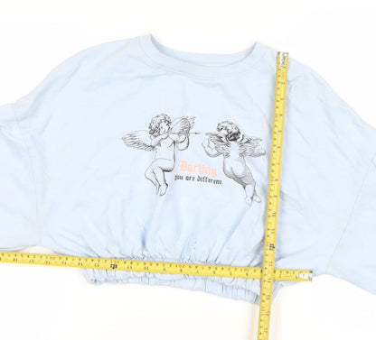 Bershka Womens Blue Crop Sweatshirt M Cupid Print Pullover