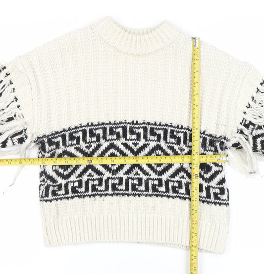 H&M Womens Ivory XS Chunky Knit Fringe Geometric Pullover Jumper