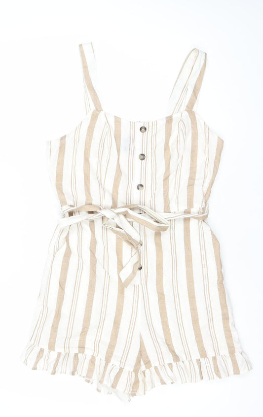 New Look Women’s Beige Striped Cotton Linen Size 10 Playsuit
