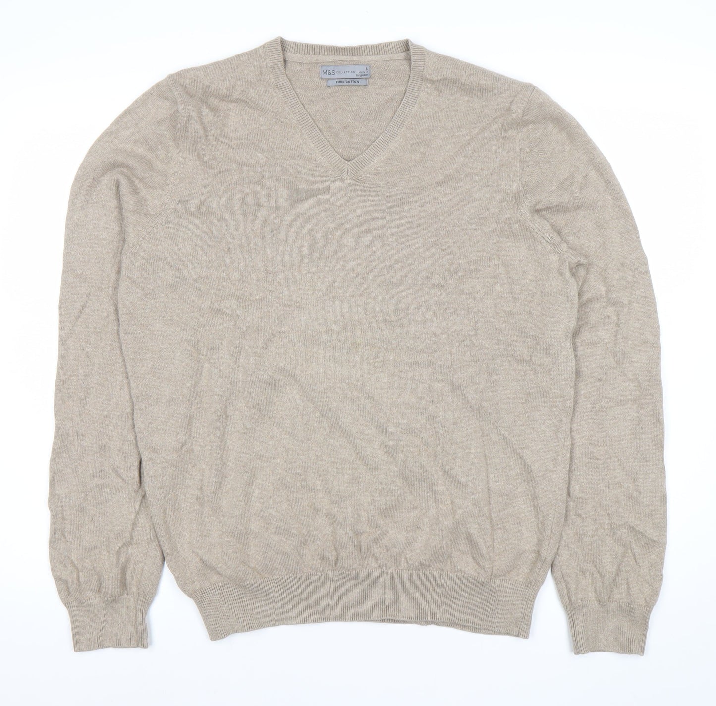 Marks and Spencer Mens Beige Cotton V-Neck Jumper L