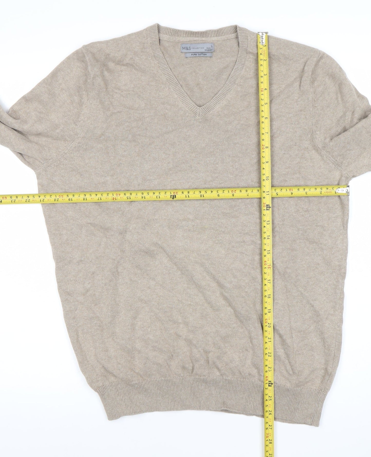 Marks and Spencer Mens Beige Cotton V-Neck Jumper L