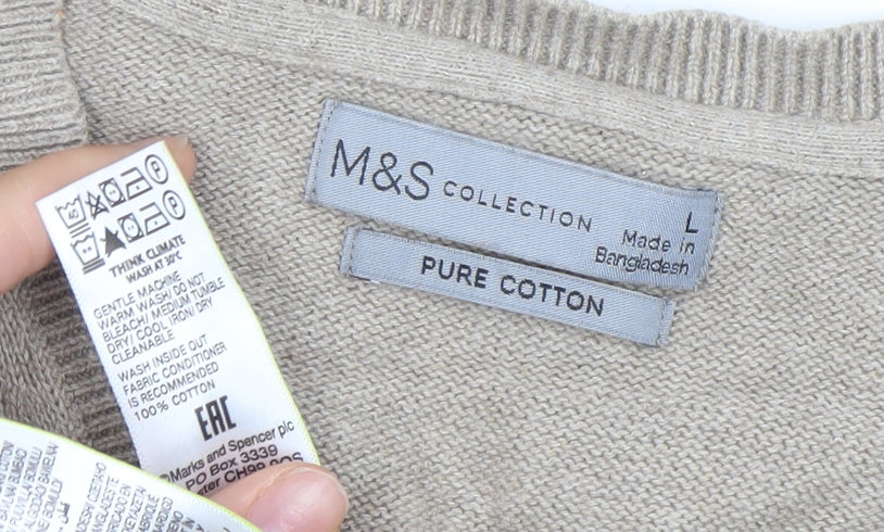 Marks and Spencer Mens Beige Cotton V-Neck Jumper L
