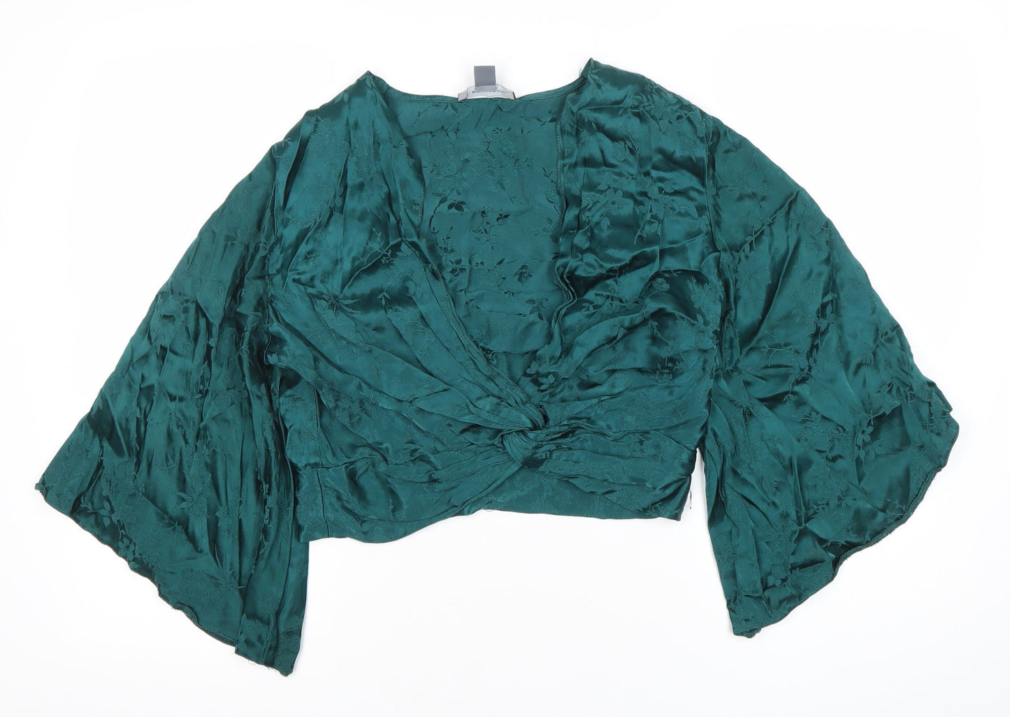 Primark Women’s Green Satin Wrap Blouse Size 14 Long Kimono Sleeve