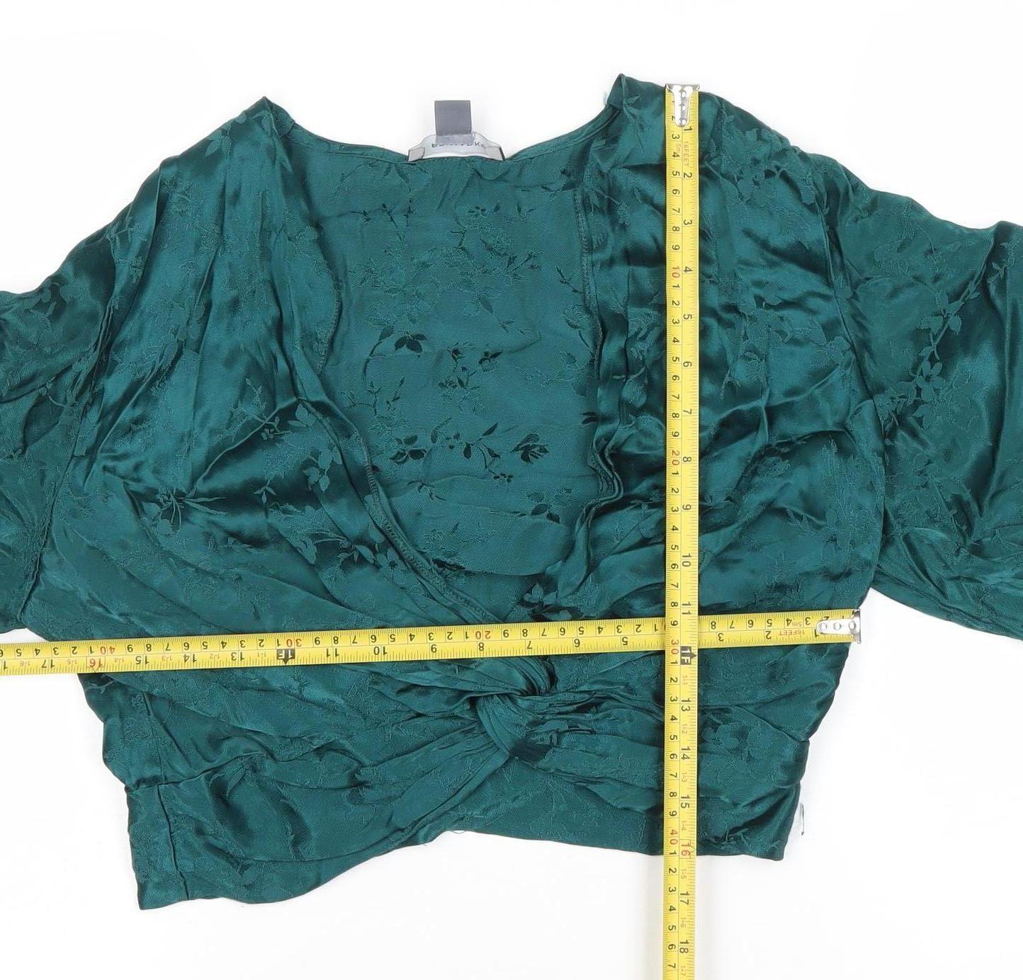 Primark Women’s Green Satin Wrap Blouse Size 14 Long Kimono Sleeve