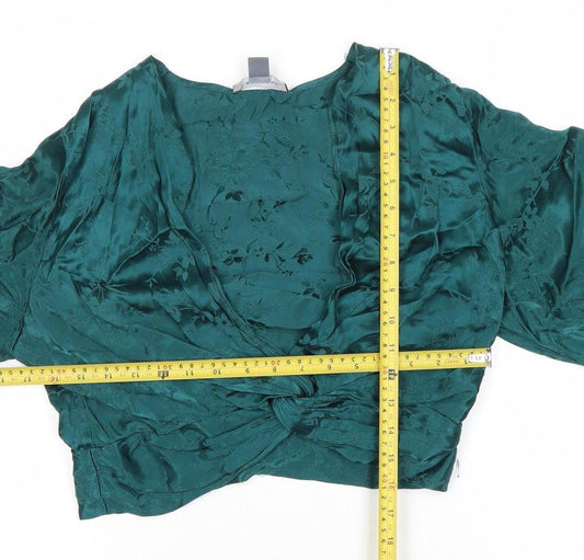 Primark Women’s Green Satin Wrap Blouse Size 14 Long Kimono Sleeve