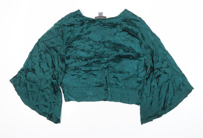 Primark Women’s Green Satin Wrap Blouse Size 14 Long Kimono Sleeve