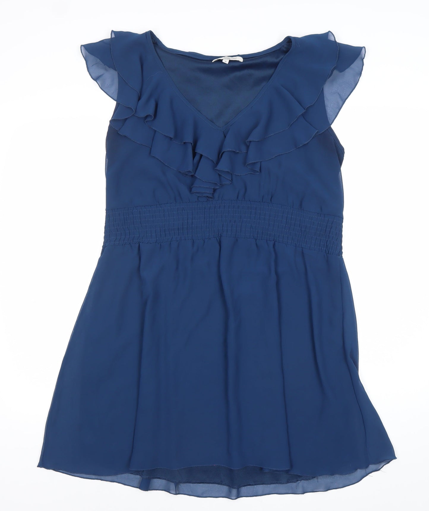 LOOK Women Blue Size 16 A-Line V-Neck Ruffle Chiffon Dress